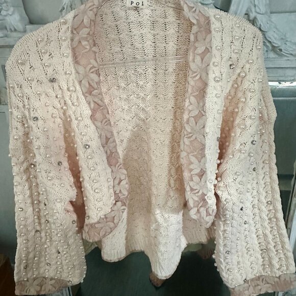 POL- Powder Cream Cozy Chenille Festive Embellished Cardigan - Picture 5 of 9